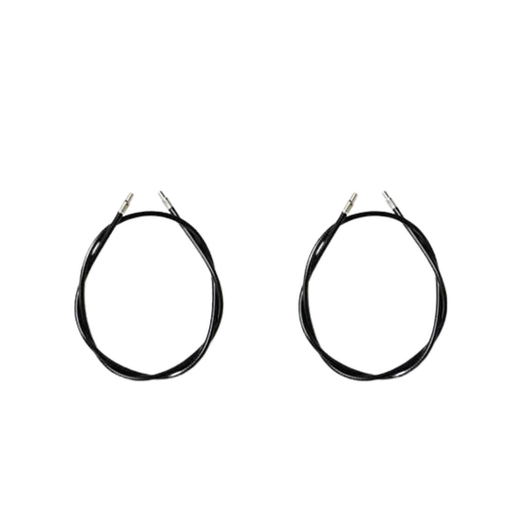 Two black braided cables with silver connectors are placed side by side on a white background. These are Nova Replacement Parts for ZOOM & GetGo Rollators.